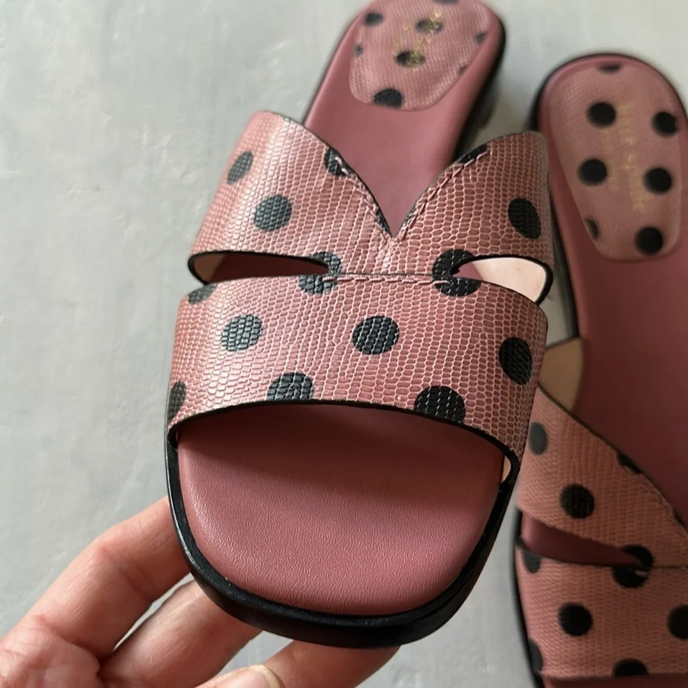 Kate Spade Dock Strappy Leather Slide Sandal Pink Black Dolka Dots Size 8 Summer